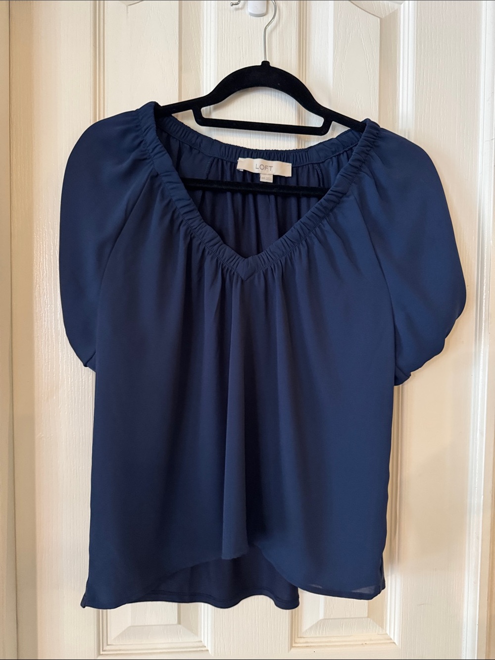 LOFT Navy V-Neck Short Sleeve Blouse with Gathered Neckline